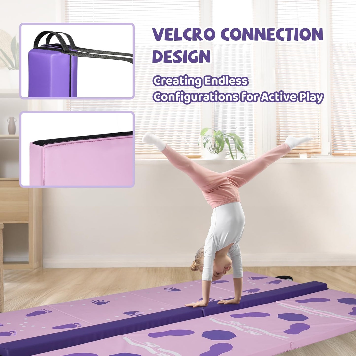 Kangaroo Hoppers Gymnastics Tumbling Mat with Balance Beam - Kids Folding Tumble Mat for Endless Play & Skill-Building, Perfect for Home Gym, Playroom and Backyard Activities, Purple & Pink