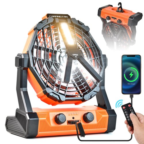 yesiwtc Camping Fan Ventilador Recargable 20000mAh Battery Operated With LED Lantern/Hook/Remote Auto Oscillating 60 Hrs Work Cordless Tent Fan for Emergency, Camping, Outdoor