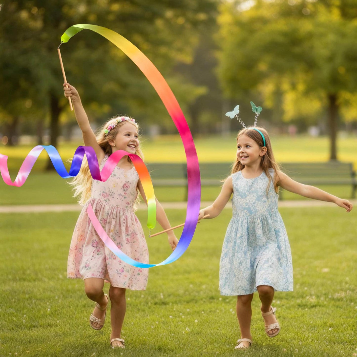 Cikyner Gymnastics Ribbon - 2 Pack Colourful Rhythmic Gymnastics Bands with Premium Beech Sticks | Rainbow Dance Ribbons for Kids, Girls Birthday Party & Easter Gifts | Perfect for Home, School Play