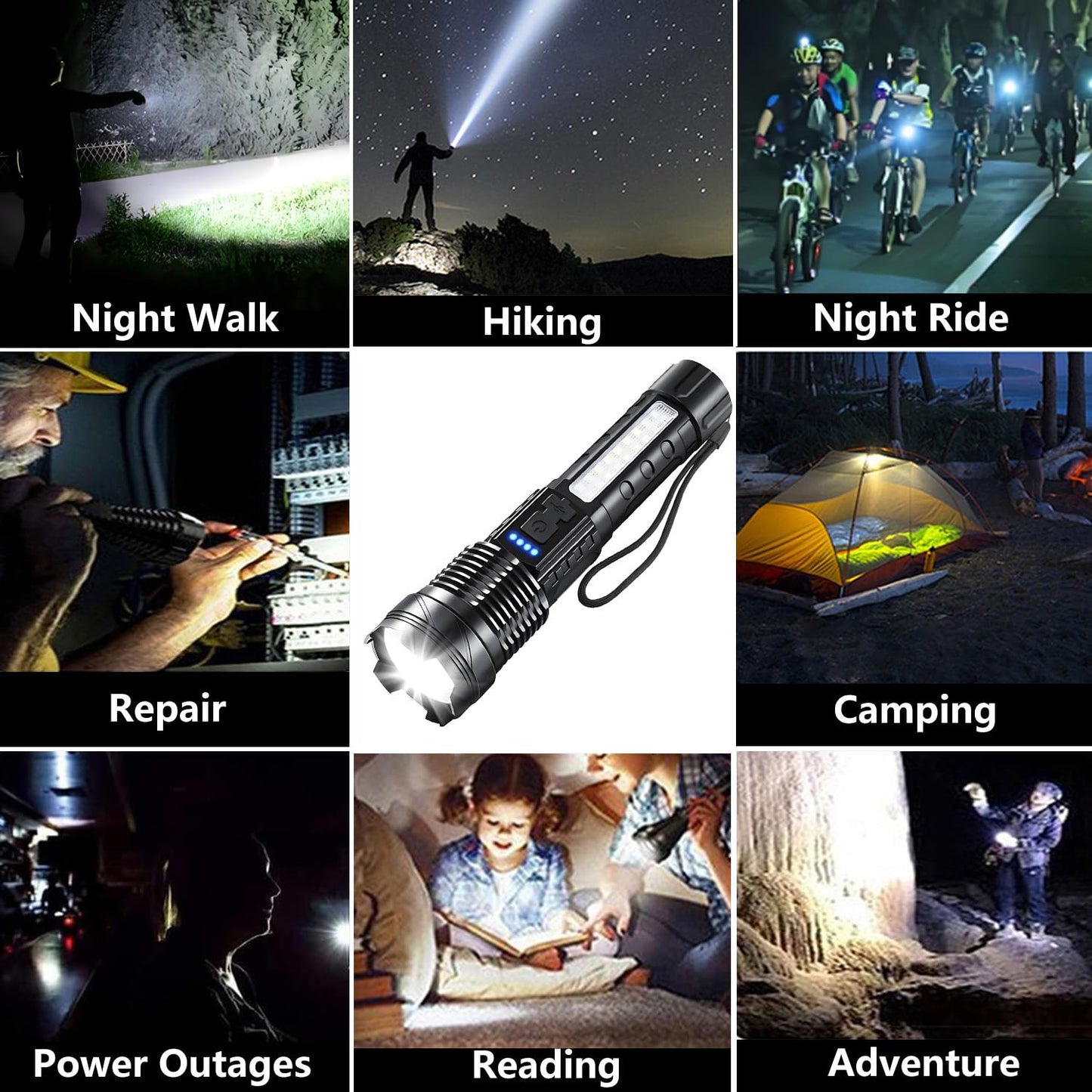 Rechargeable LED Flashlights, 99,000 Lumens Super Bright Handheld FlashLight, 7 Modes with COB Work Light, IPX6 Waterproof, Adjustable Tactical Flash light for Home,Camping and Emergencies-2 Pack