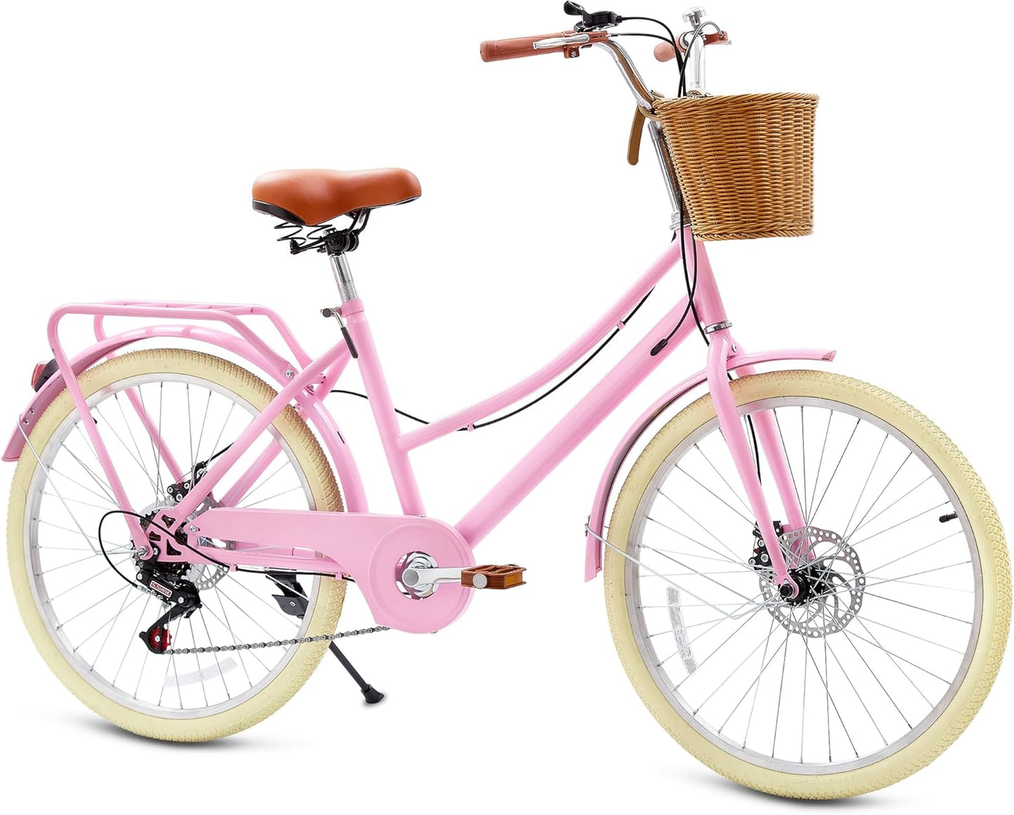 Kids Bike, Retro Cruiser Bike for Girls, 20 24 Inch 7-Speed Kids Bicycles for Ages 6-14 Girls Youth with Rattan Basket, Dual-Disc Brake Carbon Steel Frame Lightweight Bicycle, Multiple Colors