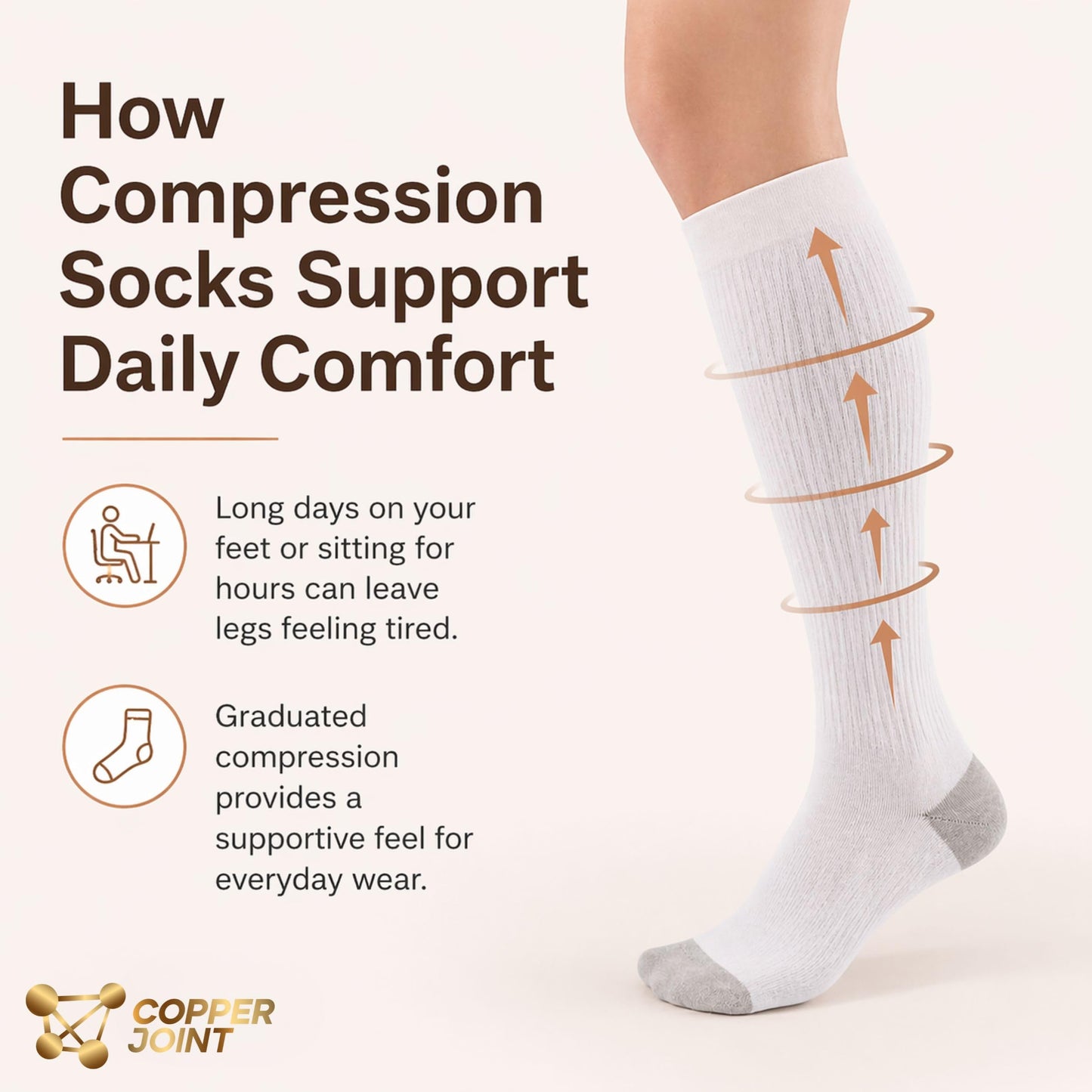 CopperJoint Knee High Compression Socks for Women and Men, Graduated Long Compression Socks for All-Day Standing, Sports & Travel, 15-20 mmHg Leg Support for Daily Wear