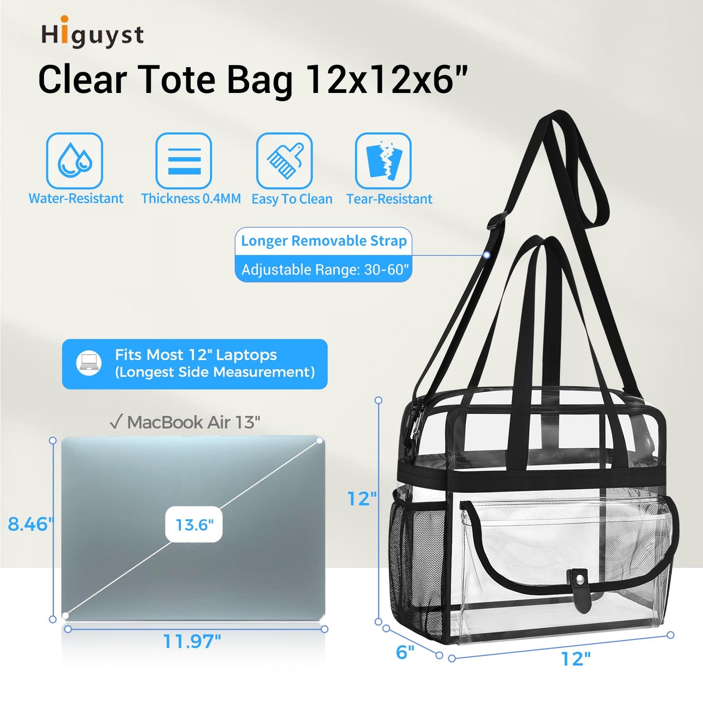 Higuyst Clear Tote Bag 12x12x6 for Sports Events & Concerts,Transparent Stadium Bag with Adjustable Strap, Mesh Pockets (Black)