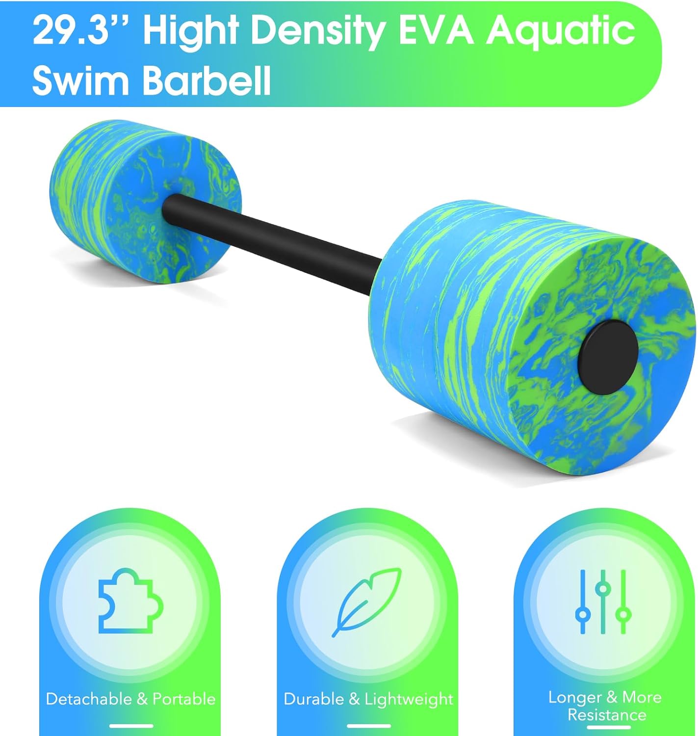 29.3’’Aquatic Exercise Equipment Swim Barbell High Density EVA Foam Pool Barbell with Water Exercise Discs Aquatic Fitness Equipment (Blue&Green)