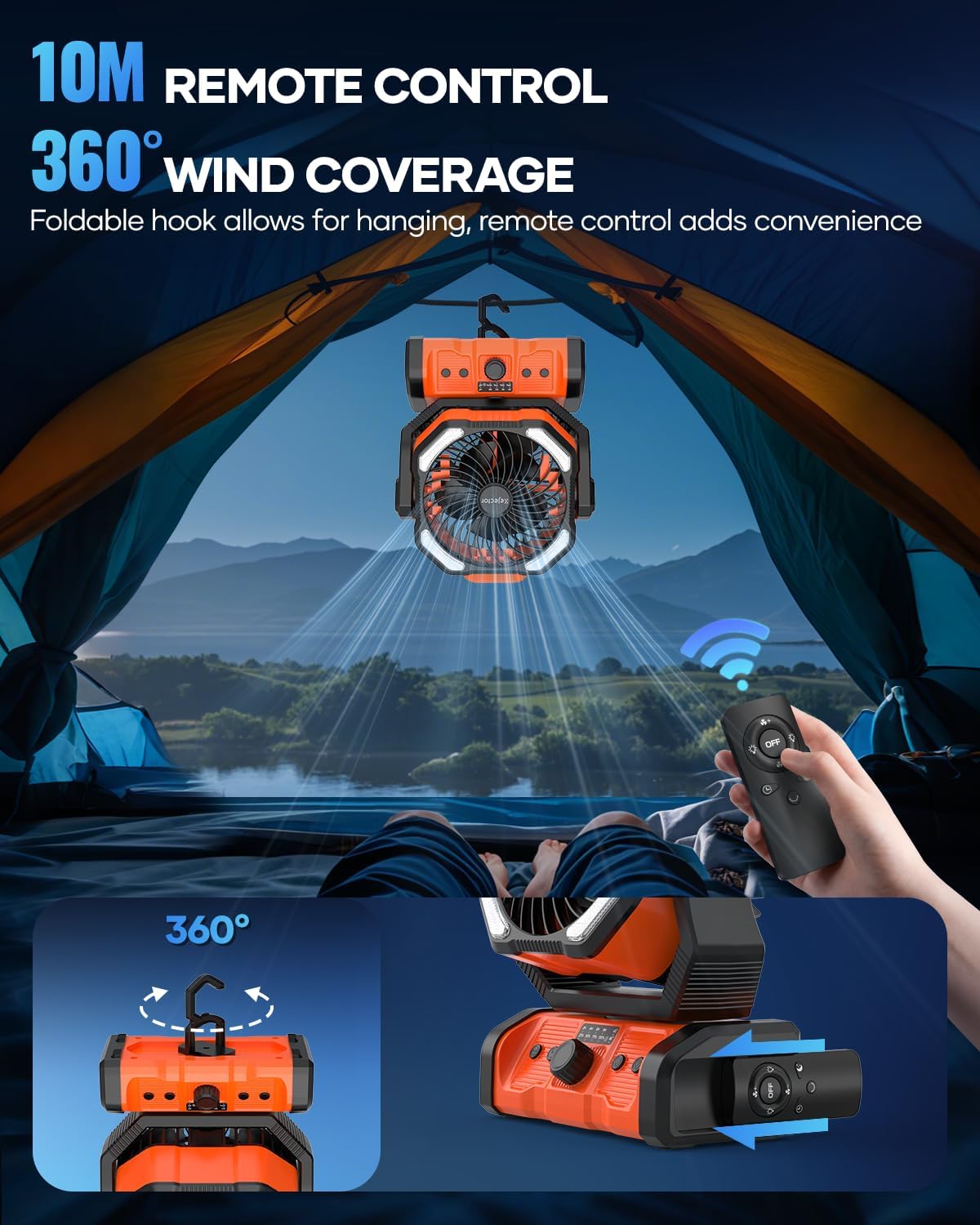 kejector Battery Powered Fan Rechargeable - 24000mAh 3-in-1 Portable Camping Fan with LED Lights, USB C, Auto Oscillating Operated Fan for Tents, Travel, BBQ, Fishing, Home, Office, Camper Essentials