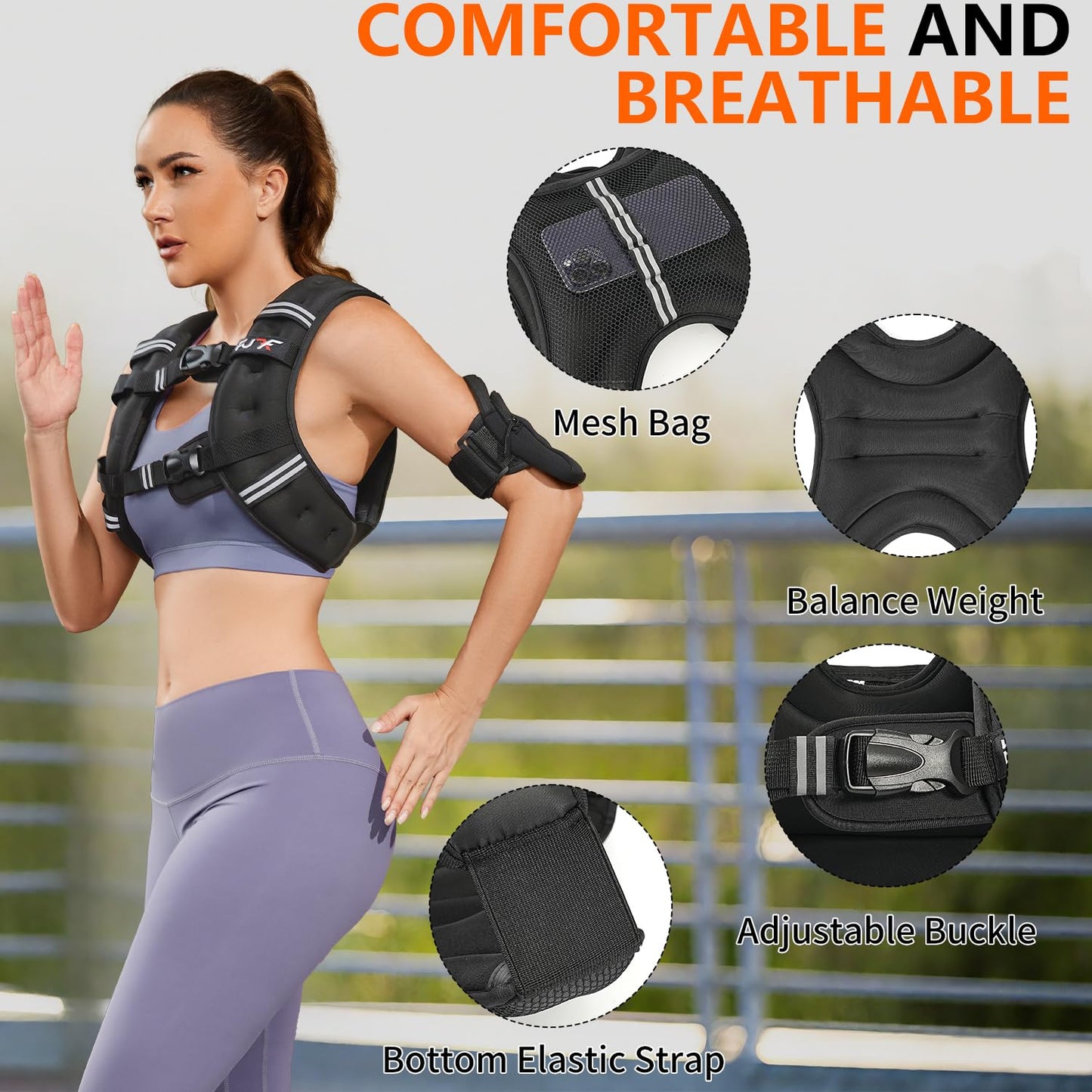 FUFF Weighted Vest Woman, 10 LB Womens Weight Vest for Walking, Strength Training Weight Vests for Female Men, Reflective Stripe Fitness Body Vest for Workout Running Jogging (Black)