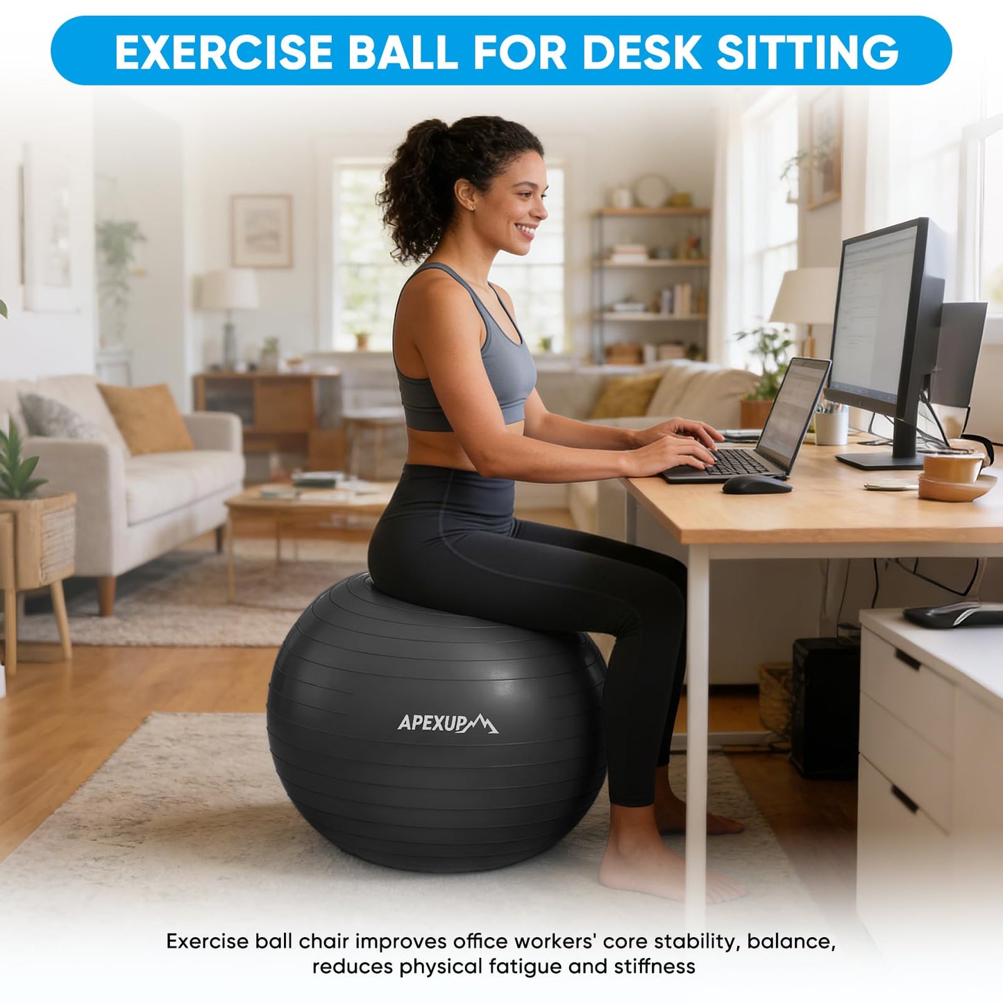 APEXUP Yoga Ball, 660 lbs Anti-Burst Exercise Ball with Pump, 5 Sizes (M (19"~22'') 55cm, Black)