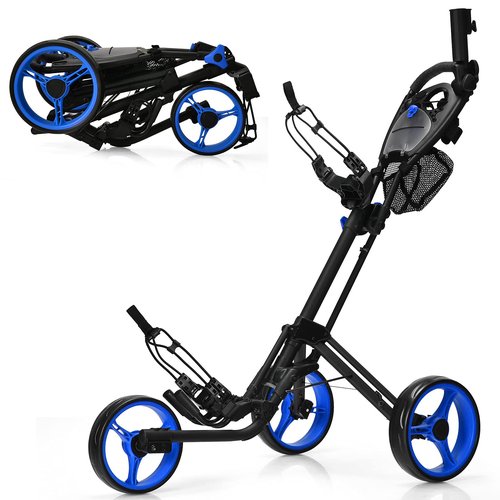 GYMAX Folding Push Cart, 3 Wheel Height Adjustable Lightweight Golf Trolley W/Umbrella Holder & Mesh Bag, Quick Open Fold Cart (Blue)