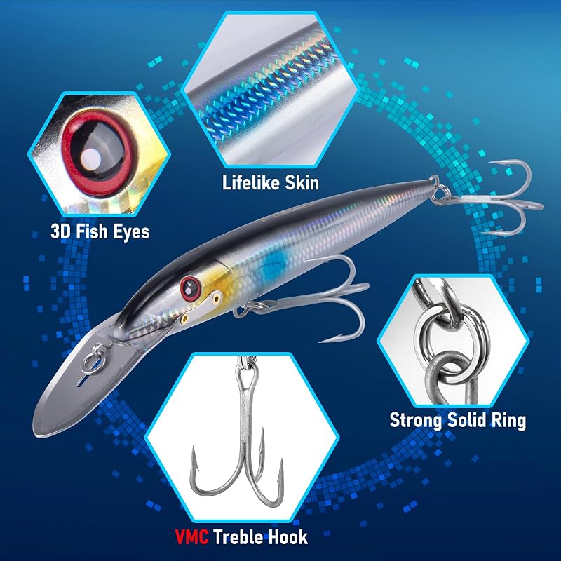 Dr.Fish 7.5in Deep Diving Saltwater Lure with VMC Treble Hooks - 13-20ft Depth, Silver Black - 1 Pack