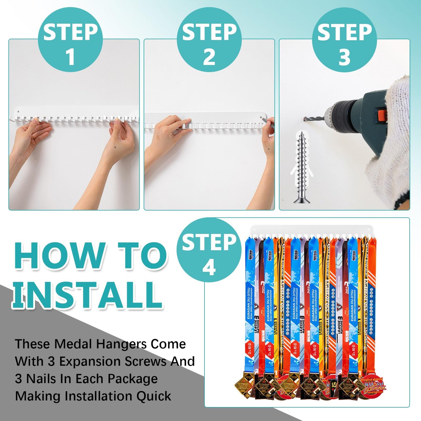 Geetery 2 2/4 Pack Medal Hanger Display with 20 Hooks Each, Steel Wall Mount Medal Holder Rack Holds 60+ Awards for Marathon Running Soccer Wrestling Gymnastics Swimming, Easy to Install (White)