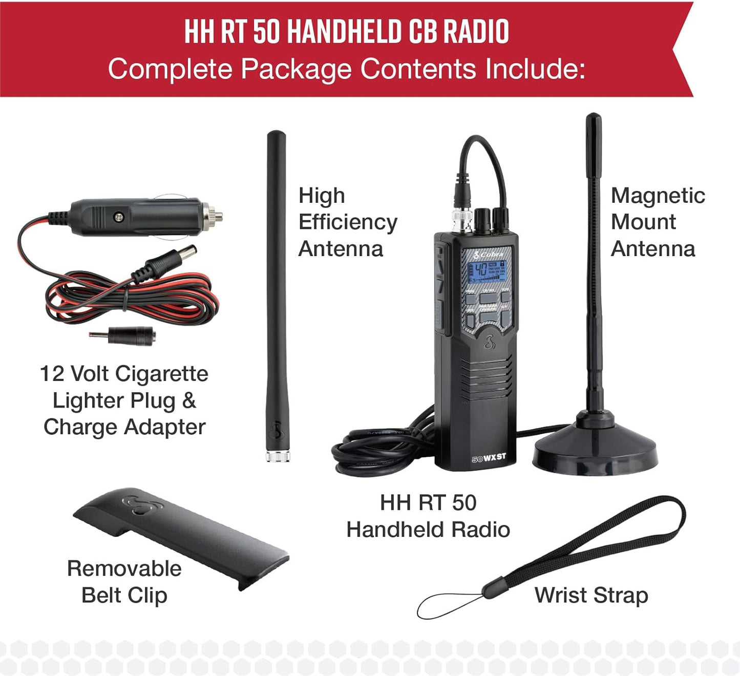 Cobra HHRT50 Road Trip CB Radio - 2-Way Handheld Emergency Radio with Access to Full 40 Channels & NOAA Alerts, Rooftop Magnet Mount Antenna and Omni-Directional Microphone, Black, 6.3" x 2" x 1.75"