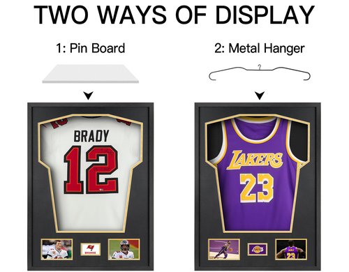 Yaetm Jersey Display Frame Case, Large Sport Jersey Shadow Box with Tempered Real Glass and Hanger for Baseball Basketball Football Soccer Hockey Shirt and Uniform, Two 4x6 Photos, Single, Black