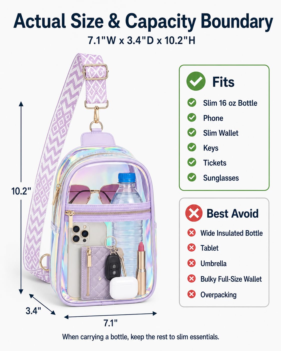 PACKISM Semi-Transparent Holographic Sling Bag for Women - Fashion Purse Iridescent Crossbody Bag for Music Festivals Raves with Jacquard Strap, Purple (Check Venue Rules Beforehand)