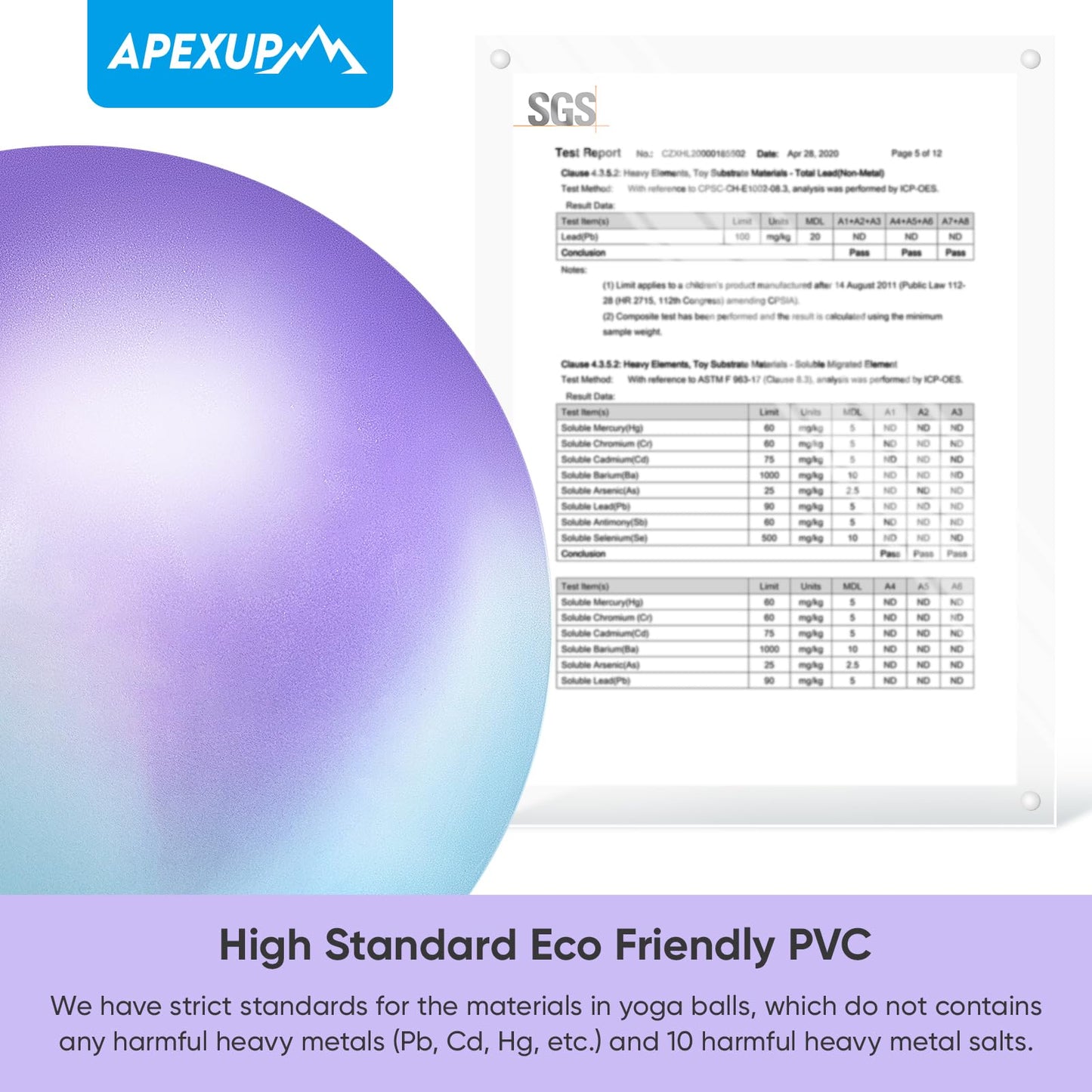 APEXUP Yoga Ball, 660 lbs Anti-Burst Exercise Ball with Pump, 5 Sizes (S (15"~18") 45cm, Blue Purple)