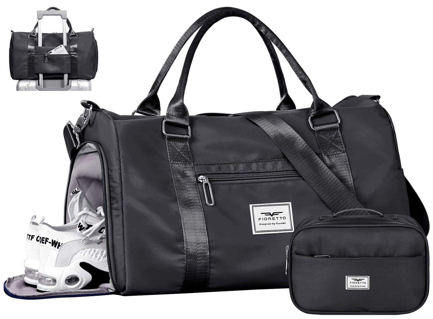 FIORETTO Womens Gym Tote Duffle Bag with Toiletry Bag, Sports Duffel Overnight Hospital Workout Carry on Bag for Girls with Wet Pocket & Shoe Compartment, Ideal for Travel, Swimming, Dance Black