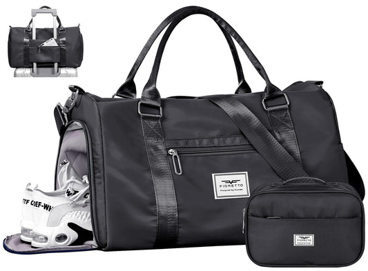 FIORETTO Womens Gym Tote Duffle Bag with Toiletry Bag, Sports Duffel Overnight Hospital Workout Carry on Bag for Girls with Wet Pocket & Shoe Compartment, Ideal for Travel, Swimming, Dance Black