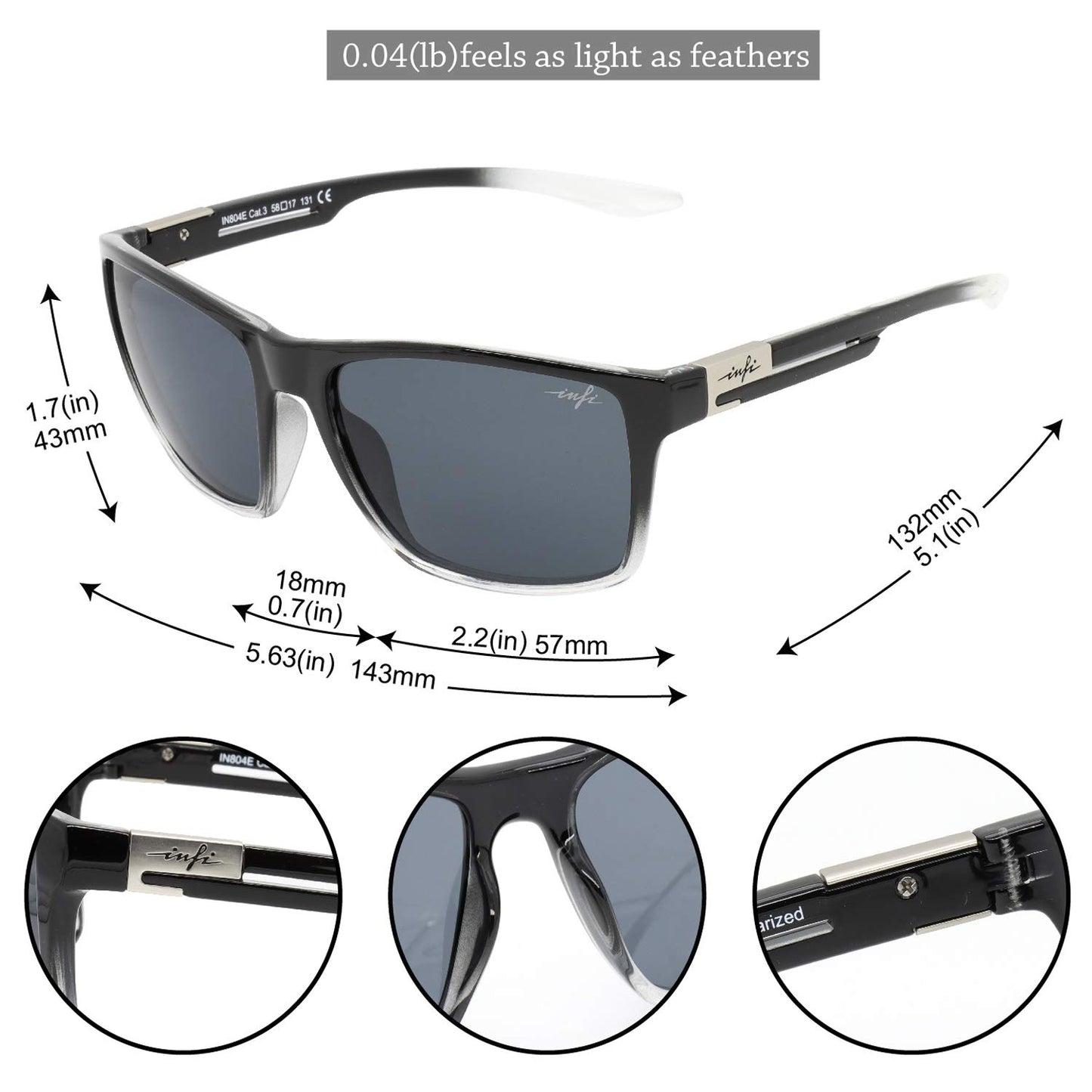 INFI Fishing Polarized Sunglasses for Men Driving Running Golf Sports Glasses Square UV Protection Designer Style Unisex (Shiny Black/Crystal)