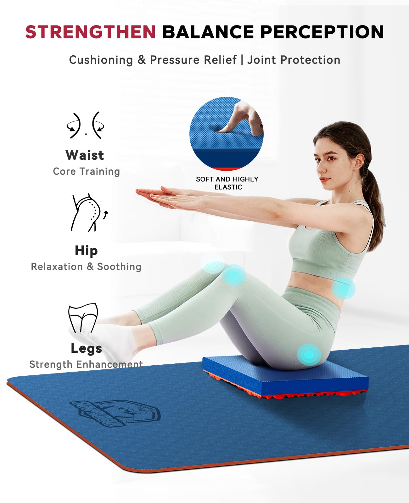 HAPBEAR Exercise Balance Pad - 15"x12" Non-Slip Textured Foam Pad with 2-in-1 Stability, 2.2" Thick TPE & EVA with Soft Cushioning for Adults, Physical Therapy Core Training - Blue