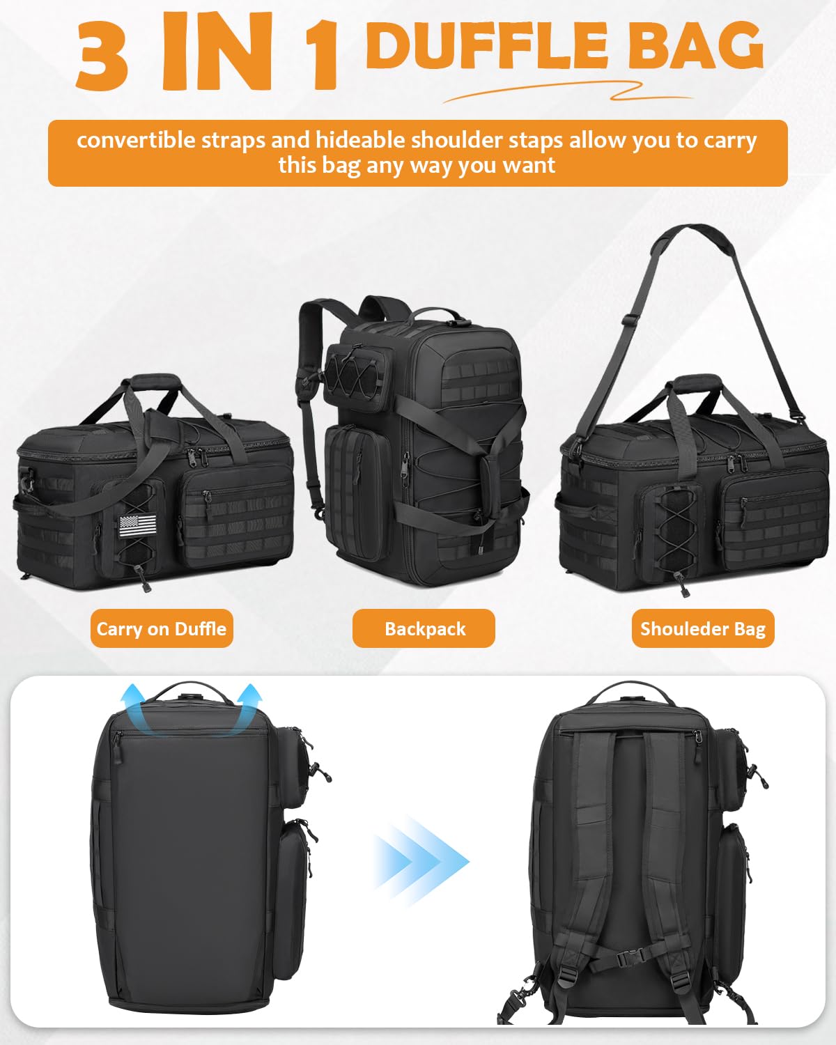 50L Gym Bag for Men and Women, 3-in-1 Duffle Bag for Travel Sports with Shoe Compartment, Military Tactical Backpack for Overnight Weekender Workout