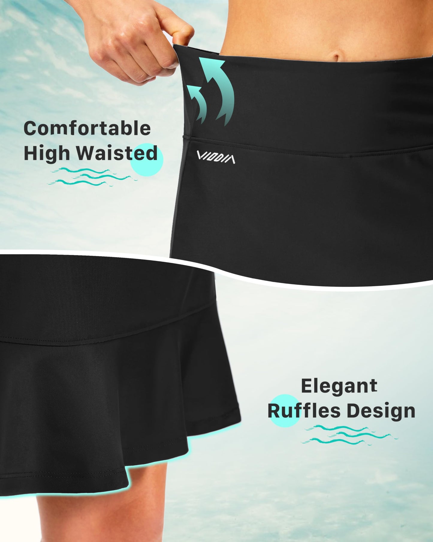 Viodia Women's 20'' Long Swim Skirt High Waisted Ruffle Skort Modest Swimsuits Knee Length Bottoms Tankini with Skirts Black L