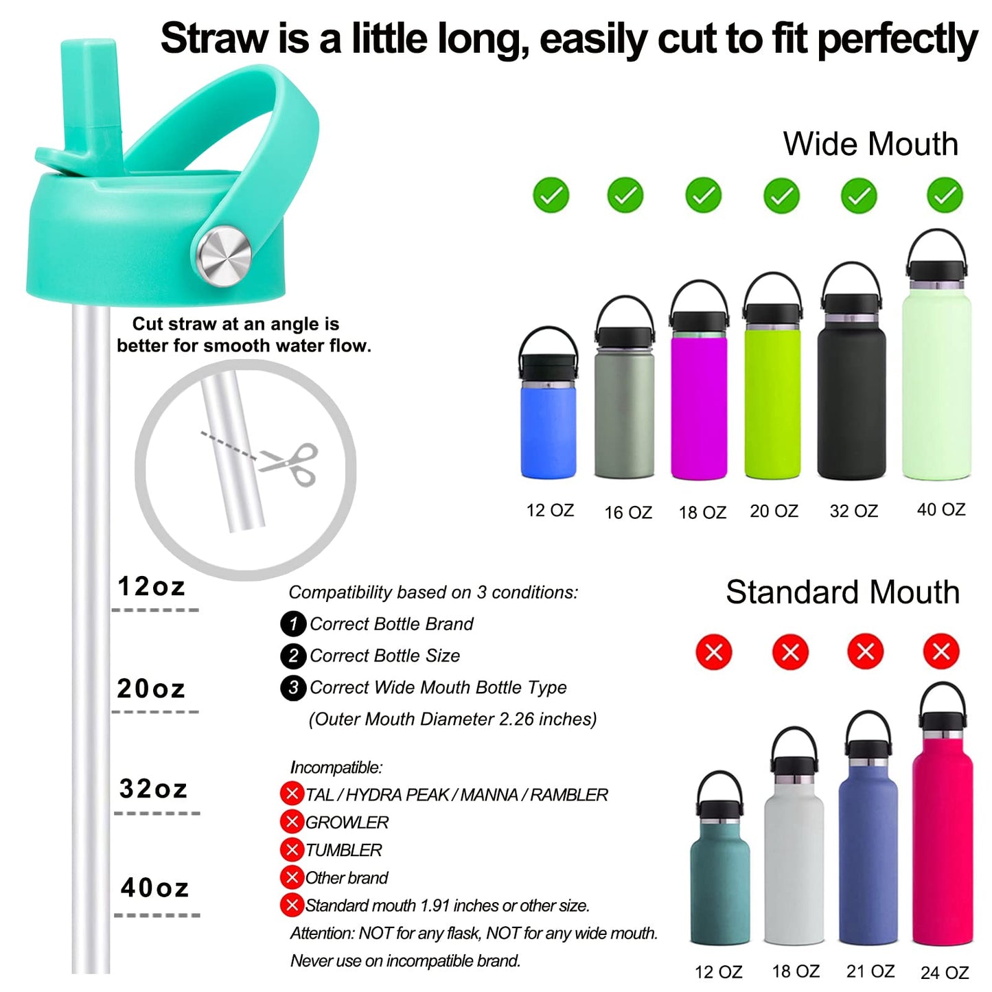 Straw Lid for Hydro Flask Wide Mouth Water Bottles, Top Lids with Straw Compatible with Hydro Flask 32 40 oz, Replacement Cap Wide Mouth Straws Flip Lid Flex Handle (Mint)