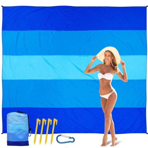 LinaLife Gradient Blue Sandproof Beach Blanket Oversized Sand Free Beach Mat Lightweight Outdoor Picnic Blanket Anchored with 4 corner sand pockets & Plastic Stakes Proof Quick Drying Compact