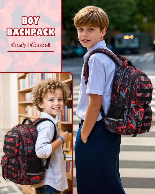 SunForMorning School Backpack for Boys Lightweight Bookbag for Kids Children Teens Elementary Middle School, Camo Boys Backpacks Back to School Gifts, Red