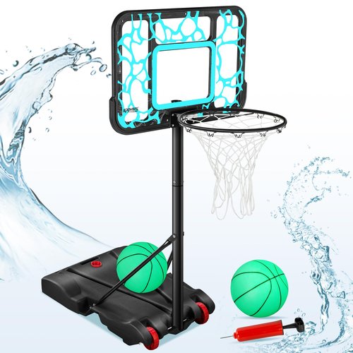 Pool Basketball Hoop Adjustable Swimming Pool Basketball - 7-Height Water Basketball Goals System with PC Shatterproof Backboard & 2 Balls, Outdoor Pool Accessories, Portable Basketball Hoop with LED
