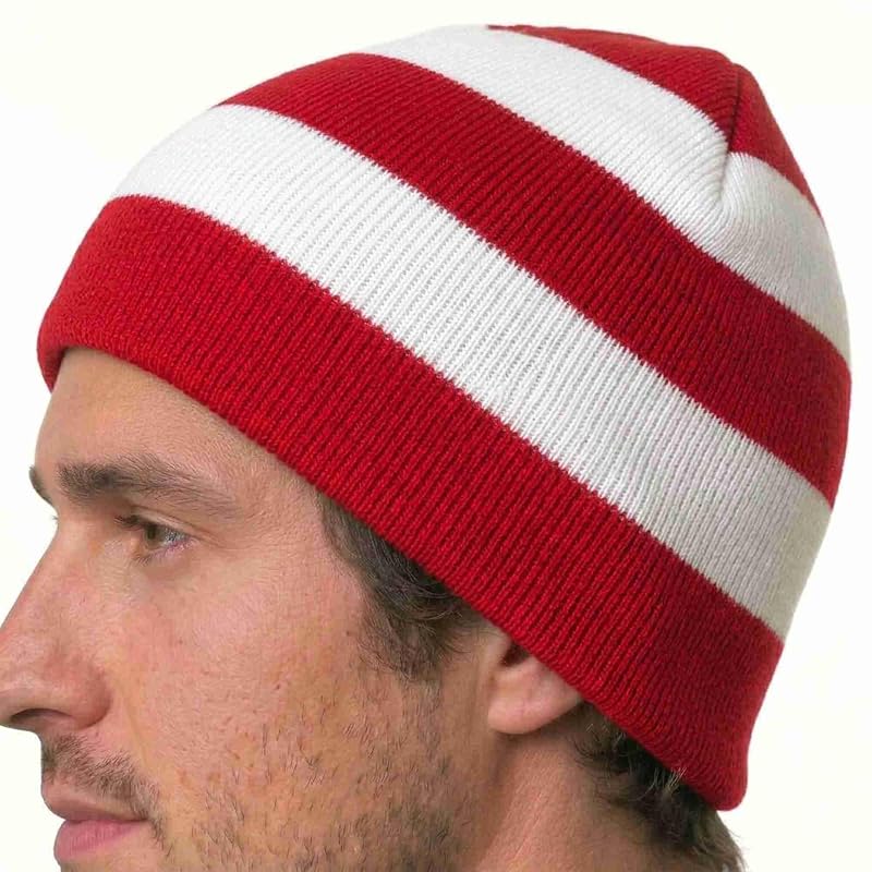 Unisex Striped Knit Beanie Hat - Red/White, One Size (Variation of THIS listing)