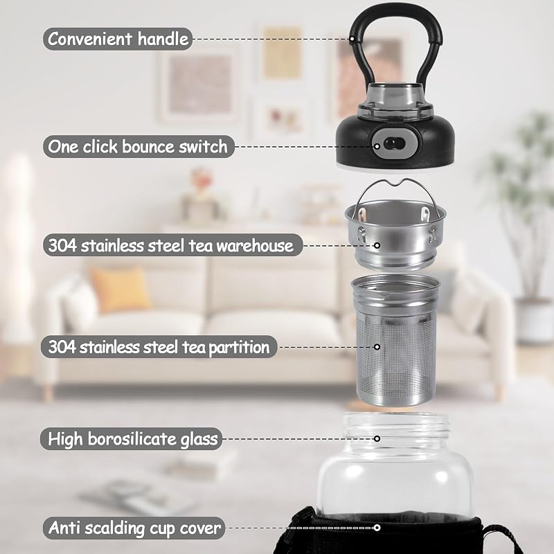 34 Oz Glass Water Bottle with Infuser, Time Mark, SUS Tea Strainer, BPA Free – Large Capacity