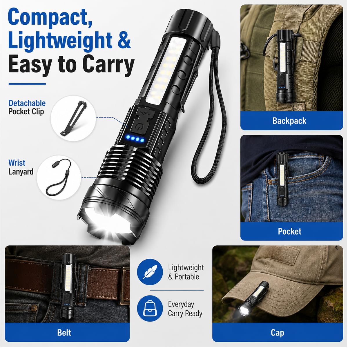 Rechargeable LED Flashlights, 99,000 Lumens Super Bright Handheld FlashLight, 7 Modes with COB Work Light, IPX6 Waterproof, Adjustable Tactical Flash light for Home,Camping and Emergencies-2 Pack