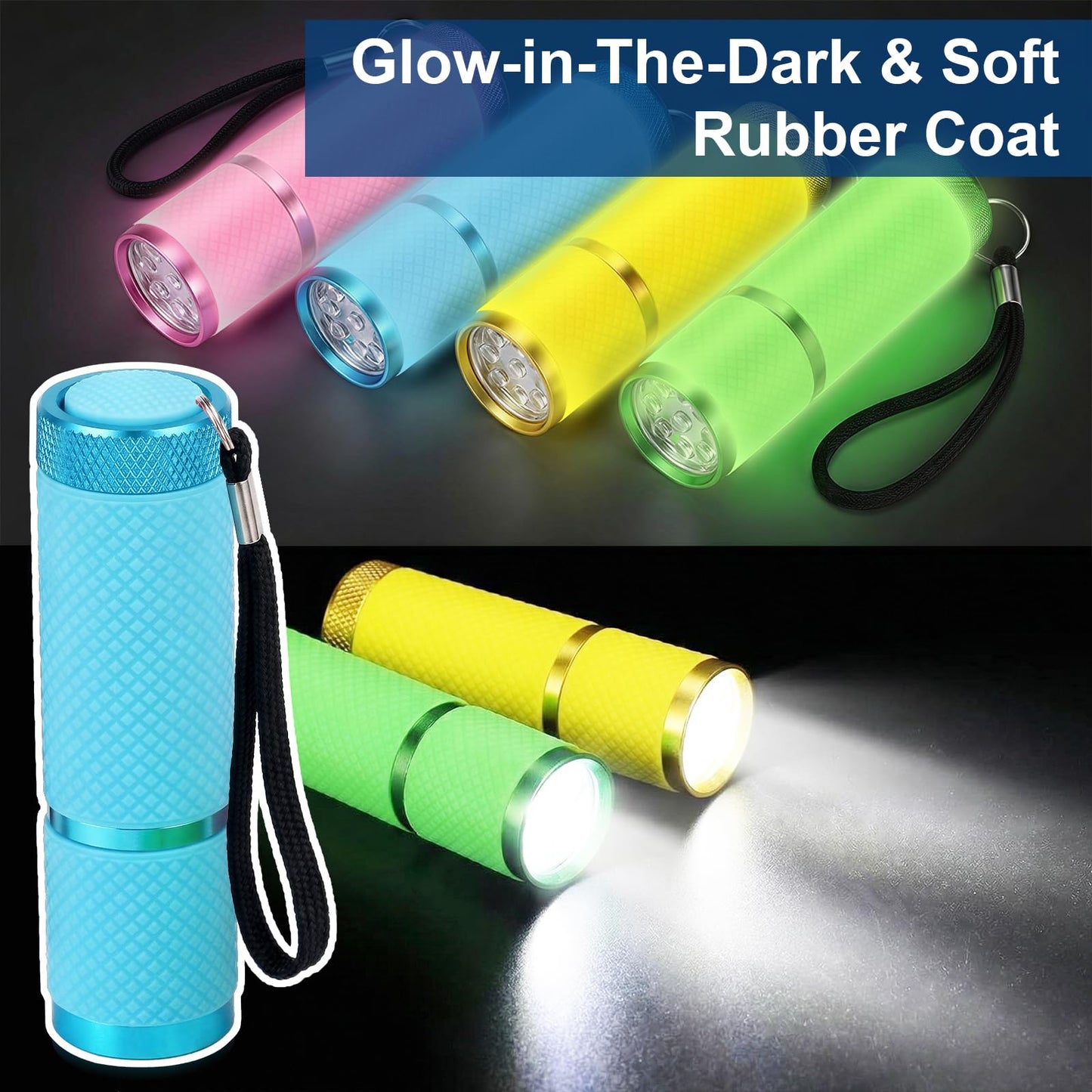 DAFURIET 4 Pack Mini Flashlights, 9 LED Glow-in-the-Dark Aluminum Lights with Straps – Perfect for Camping, Hiking, and Emergency