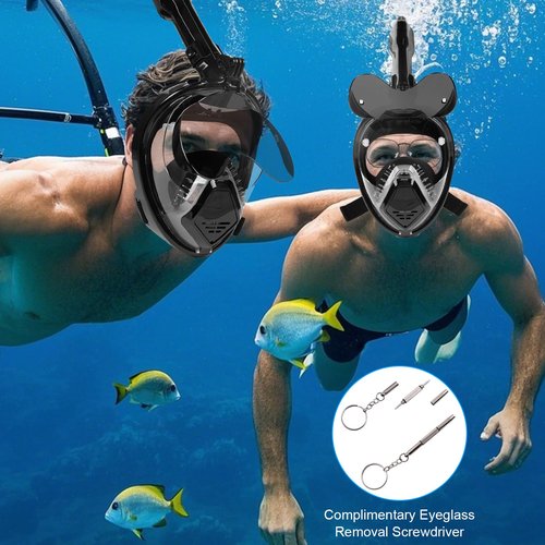 Snorkeling Gear for Adults, Full Face Snorkel Mask Adults with Camera Mount, Snorkel Mask for Glasses Wearers Check Valve Air Inlet Breathe Better, Panoramic View Snorkel Set (Black, L)