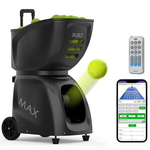 PUSUN PT-MAX C Tennis Ball Machine - Professional Auto Ball Server with APP Control, 28 Landing Points & 26 Training Modes, Smart Tennis Trainer with Variable Speed System (5-7H Runtime)