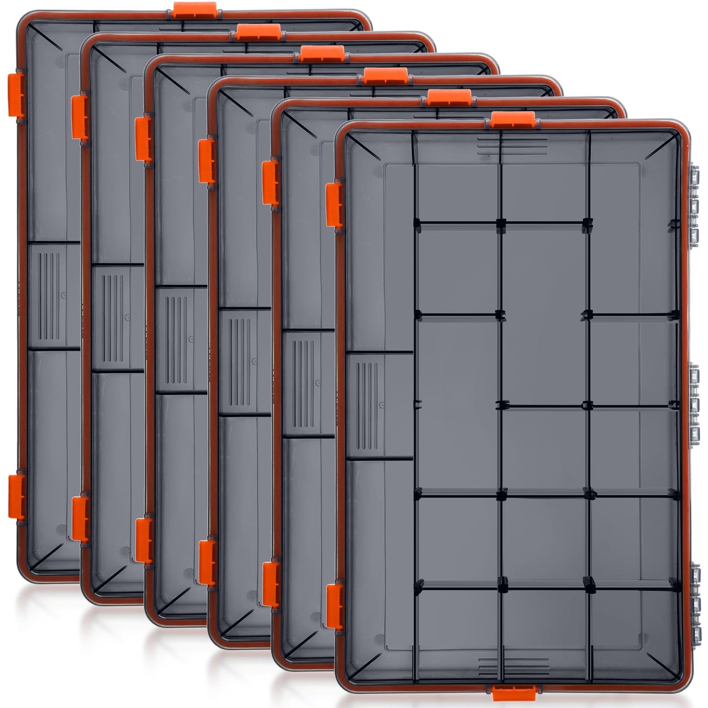 Wonderjune 6 Pack Fishing Tackle Boxes Waterproof 3600 and 3700 Tackle Trays with Removable Dividers Plastic Storage Organizer Bait Vault Camouflage Box for Freshwater Saltwater (Orange,3700)