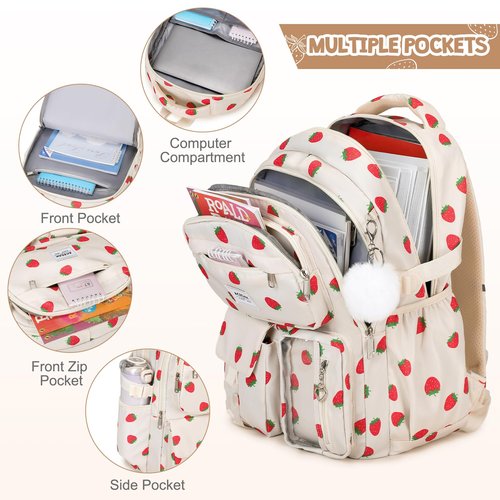 ACESAK Backpack for Girls - Girls Backpack with Lunch Bag & Pencil Pouch for Teen Kids Laptop Backpack for Women, Elementary Middle High School Bookbag Travel Daypack (Beige Strawberry)