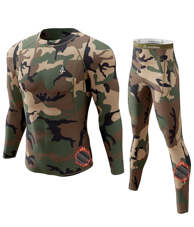 Men's Thermal Base Layer Set - Long Johns, Fleece 95% Polyester 5% Spandex, Camouflage Green, Large