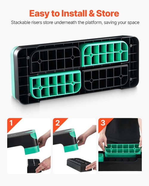 VEVOR Aerobic Exercise Step Platform, 28-Inch Workout Aerobic Stepper, Height Adjustable Fitness Training Step Deck Trainer with 4 Risers, Non-Slip Surface Bench for Home Gym Cardio Strength, Green