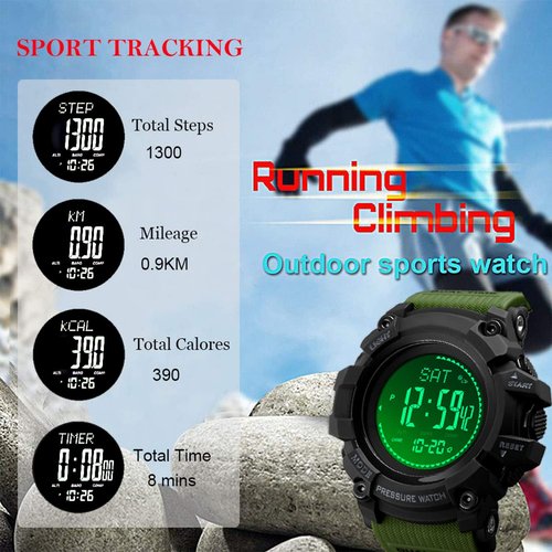 AOSLSI Watch Compass, Altimeter Barometer Thermometer Temperature, Pedometer, Military Army Waterproof Outdoors Sport Digital Watch for Men