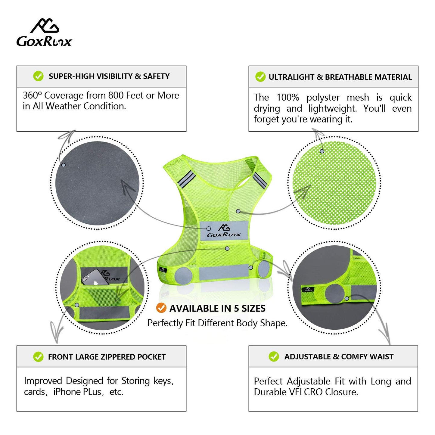 Reflective Vest Running Gear, Lightweight Motorcycle Cycling Reflective Vests with Large Pocket & Adjustable Waist for Women Men Running Safety Vest with Reflective Bands (Green, Small)