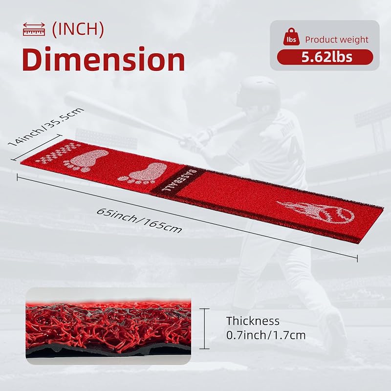 Moonace Baseball Softball Pitching Mat - 65x14 Anti-Slip Training Mat, Red Variation