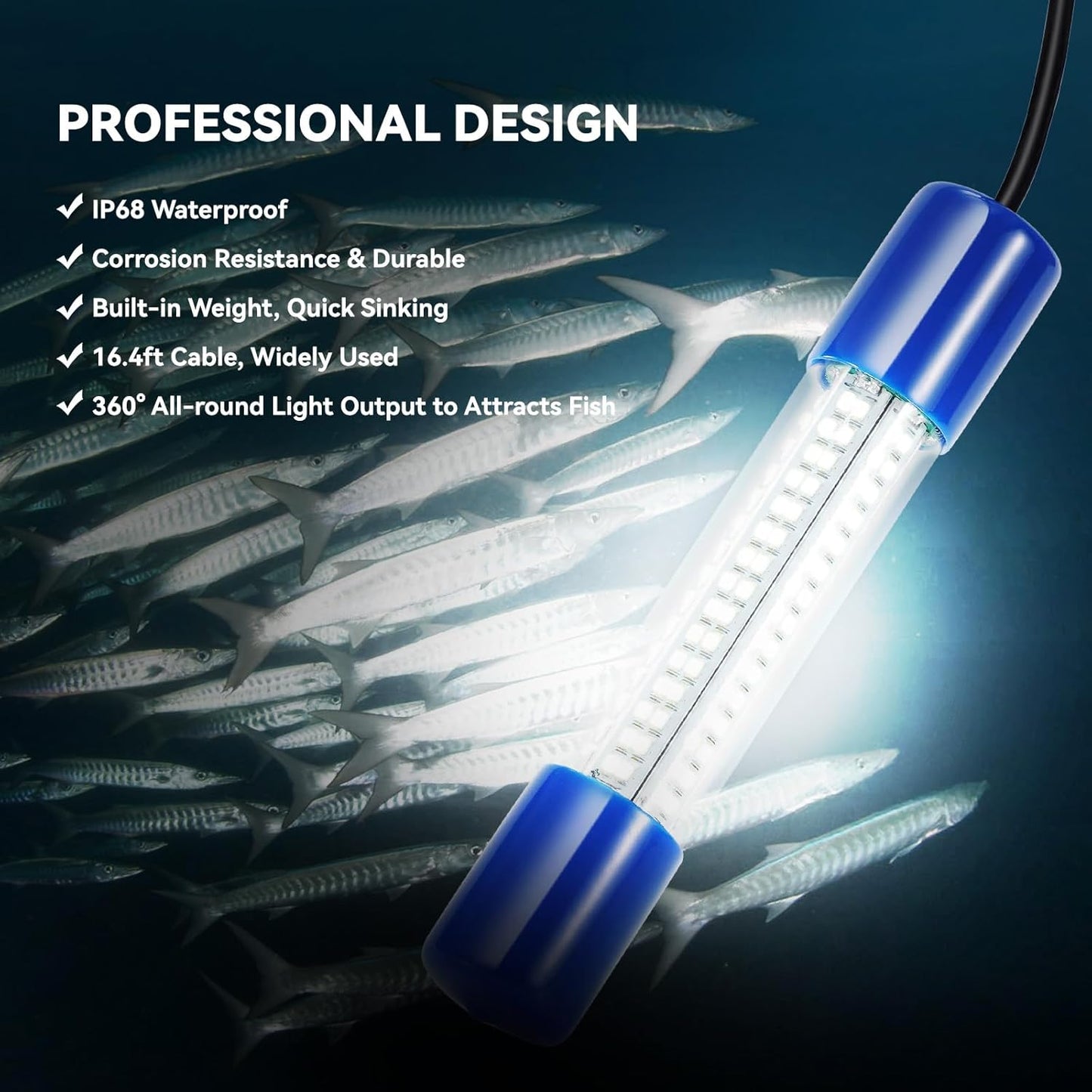 18W Underwater Fishing Light, IP68 Waterproof DC 12-24V LED Fish Bait Light Submersible Finder Attractants Lamp for Crappie Shrimp Squid Catfish + Battery Clamps, 16.4ft Cable Green/Blue/White Light