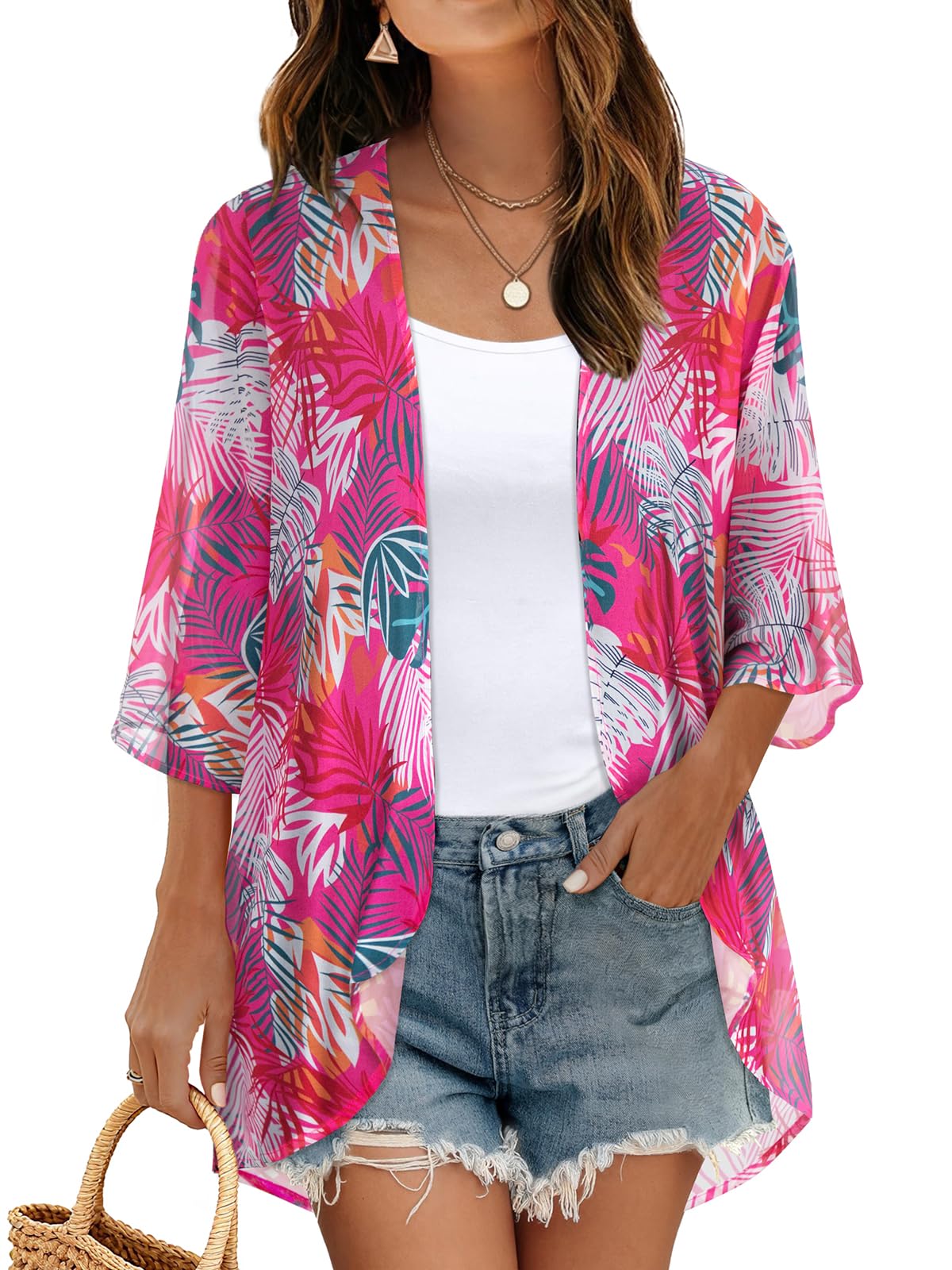 Women's Floral Kimono Print Puff Sleeve Loose Cardigan Cover Up Casual Blouse Tops (Rose Red Leaves, 3XL)