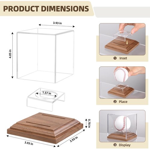 Baseball Display Case Walnut Wood Base Acrylic Baseball Case Display for Balls Uv Protection Baseball Holder Cube Box Stand Memorabilia Autograph Ball, Ideal Gift for Official Size Ball Display
