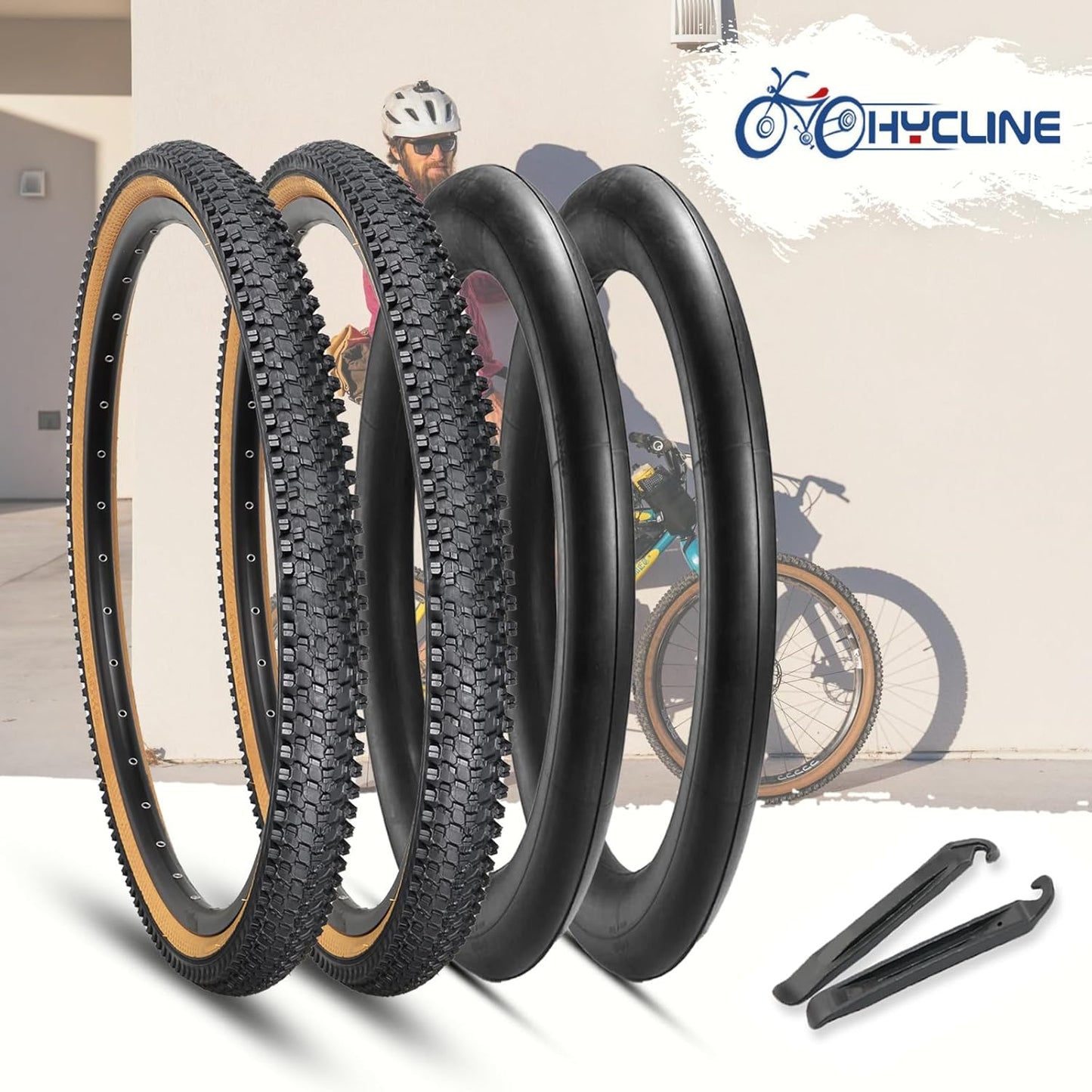 Hycline 2-Pack Mountain Bike Tires Set: 20/24/26/27.5-inch Folding Replacement Puncture-Resistant Bicycle Tires and Pair 20/24/26/27.5-inch Inner Tubes with Tire Levers for MTB Off-Road Bike