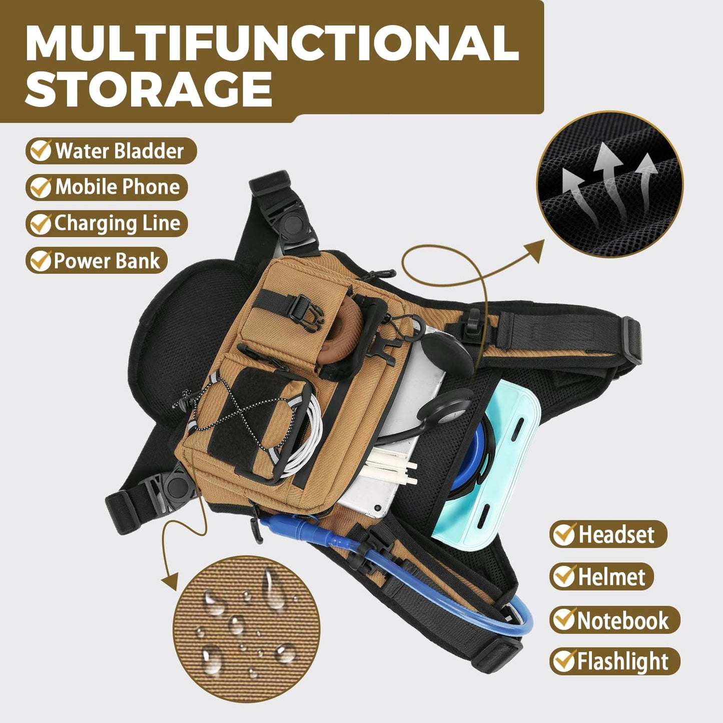 Criuage USA Patent Running Hydration Vest Backpack, Lightweight Chest Pack with 2.0L Water Bladder Bag Daypack for Hiking Running Cycling Race Marathon for Women Men (Khaki, Standard)