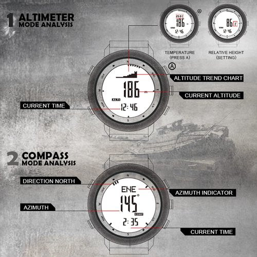 findtime Compass Watch, Altimeter Barometer Thermometer Pedometer Watches for Men, Military Army Outdoor Sports Black Wristwatches with Steps Calorie Counter Stopwatches 5ATM Waterproof