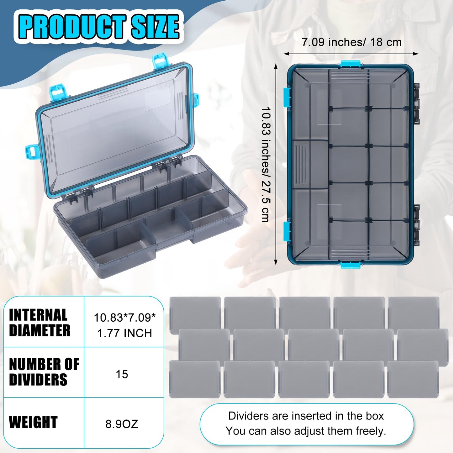Wonderjune 6 Pack Fishing Tackle Boxes Waterproof 3600 and 3700 Tackle Trays with Removable Dividers Plastic Storage Organizer Bait Vault Camouflage Box for Freshwater Saltwater (Blue,3600)