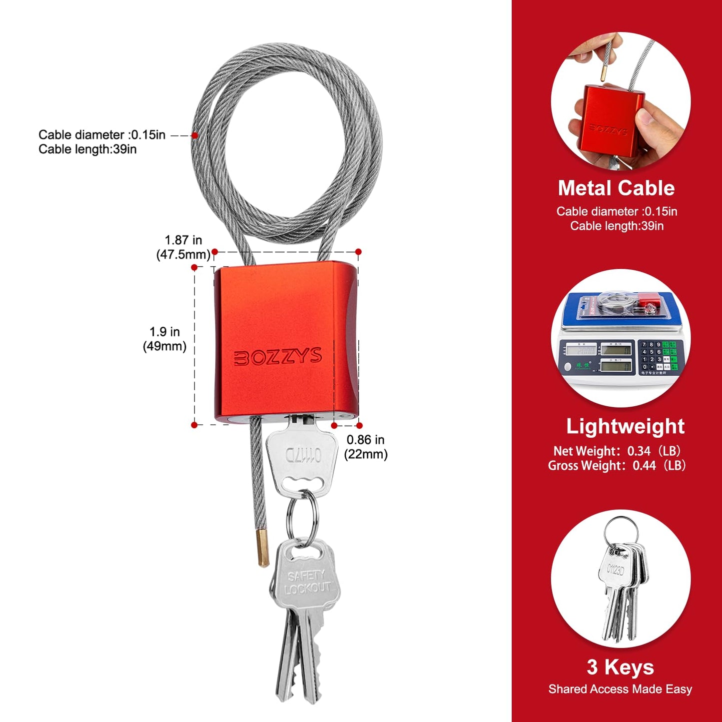 BOZZYS Cable Lock with 3 Keys | L 3.28ft(1m),D 1/6in(4mm) Adjustable Steel Cable Padlock | Aluminum Locks for Bikes, Gate, Lockers & Outdoor Gear | Weatherproof & Red