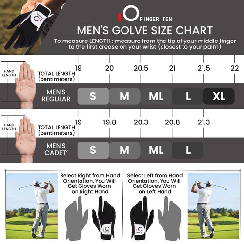 FINGER TEN Golf Gloves Men Right Left Handed Golfer Mens Glove RainGrip Hot Wet Weather Value 6 Pack, All Weather in Black X-Large (Black, Medium/Large, Left)